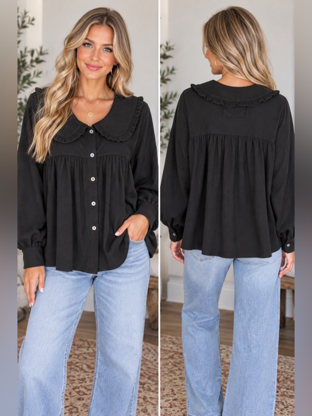KGGI Black Ruffle Peter Pan Collar Blouse NWT